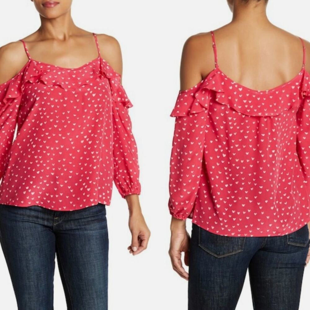 JOIE Birtha 100% Silk Ruffled Spaghetti Straps Blouse White Hearts On Pink/Red M